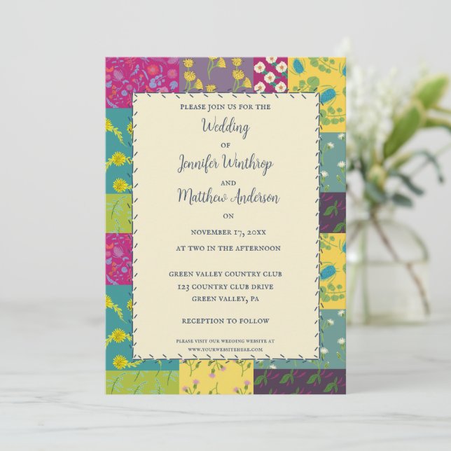 Maximalist Floral Quilt Boho Style Wedding Invitation (Standing Front)