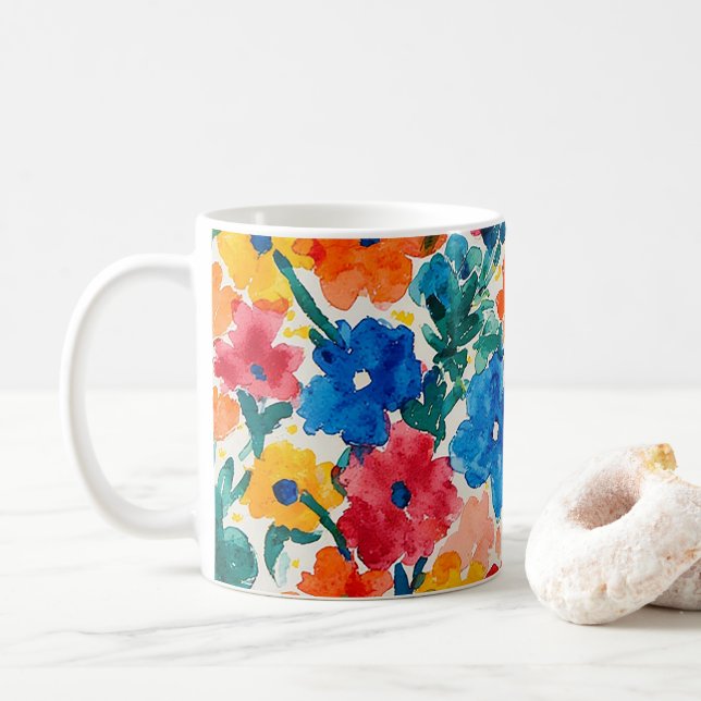 Maximalist Floral Watercolor Pattern Coffee Mug (With Donut)