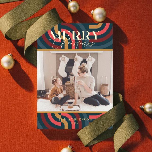 Maximalist Geometric Teal Christmas Photo Foil Holiday Card (Creator Uploaded)