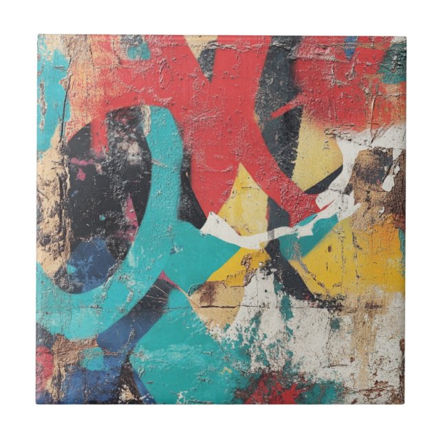 Maximalist Graffiti with Red Yellow Blue Splashes Ceramic Tile (Front)