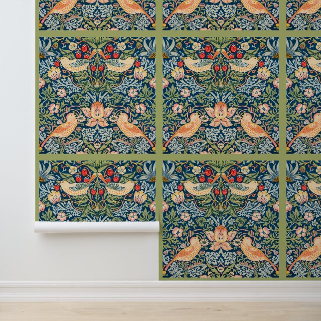 Maximalist Jewel & Feather Blue Grey Olive Wallpaper (Application)