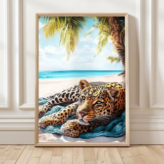 Maximalist Leopard on the beach Print, Coastal Bea Poster