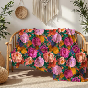 Maximalist Lilac and Peach Blooms on Pink Fleece Blanket