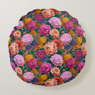 Maximalist Lilac and Peach Blooms on Pink Round Cushion
