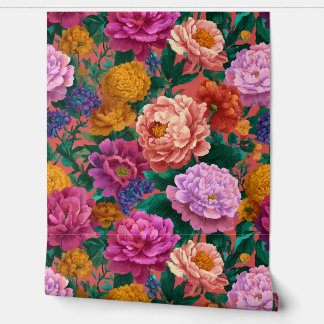 Maximalist Lilac and Peach Blooms on Pink Wallpaper