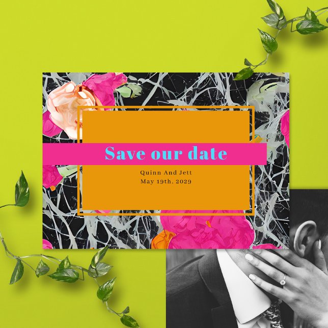 Maximalist Modern Marble Wedding Floral Photo Save The Date (Creator Uploaded)