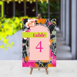 Maximalist Modern Marbled Floral Wedding Table Number<br><div class="desc">Light pink arch shape over pink orange and peach modern floral with dark marbleised design. "table" text in hot pink over neon yellow bar. Number is hot pink.</div>