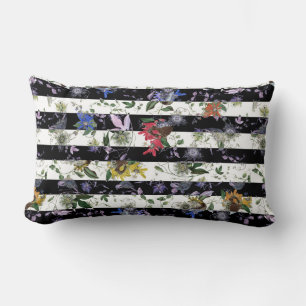 Maximalist Passion Flowers Black White Stripe Lumbar Cushion