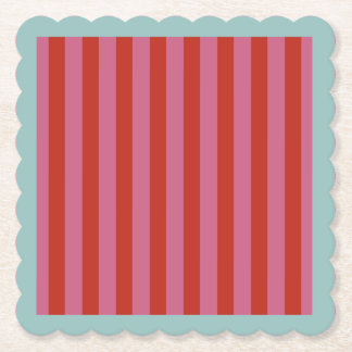 Maximalist Pink & Red Stripe with Turquoise Border Paper Coaster