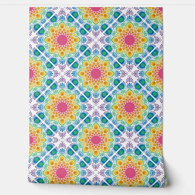 Maximalist Rainbow Floral Fountain Diamond Tile Wallpaper (Unrolling)