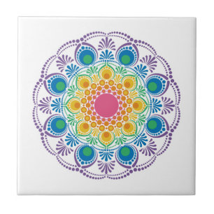 Maximalist Rainbow Floral Fountain Dot Mandala Ceramic Tile