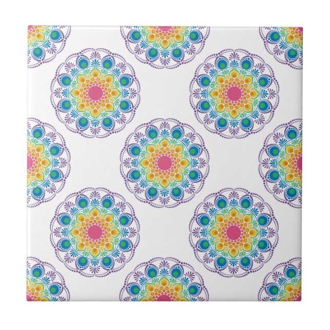 Maximalist Rainbow Floral Fountain Polka Dot Ceramic Tile (Front)