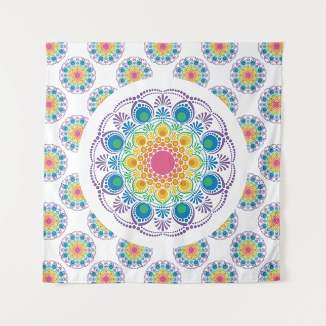 Maximalist Rainbow Floral Fountain Polka Dot Tapestry (Front)