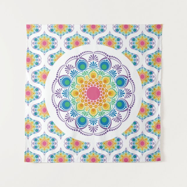 Maximalist Rainbow Floral Fountain Retro Ogee Tapestry (Front)