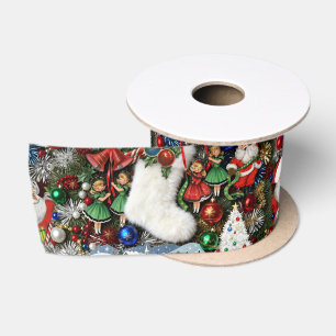 Maximalist Retro Christmas Collage Satin Ribbon