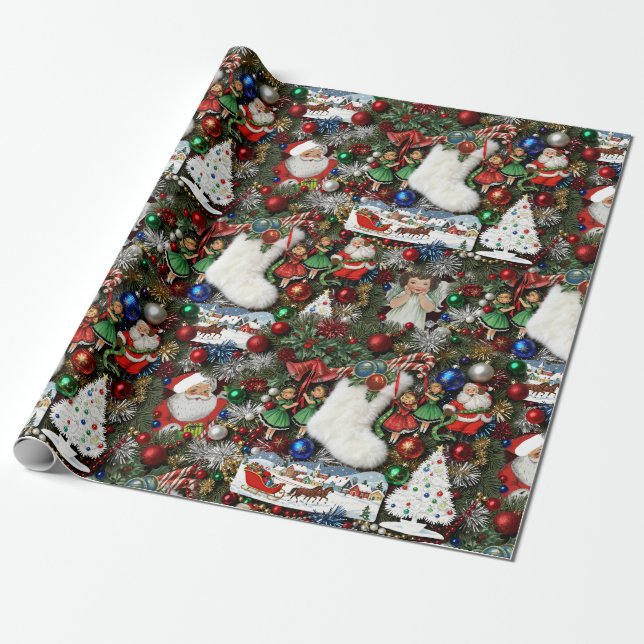 Maximalist Retro Christmas Collage Wrapping Paper (Unrolled)