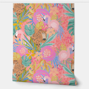 Maximalist Tropical Hot Pink Cheetah Flamingo Wallpaper