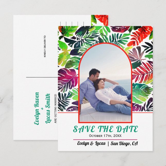 Maximalist tropical leaves arch Save the Date Postcard (Front/Back)