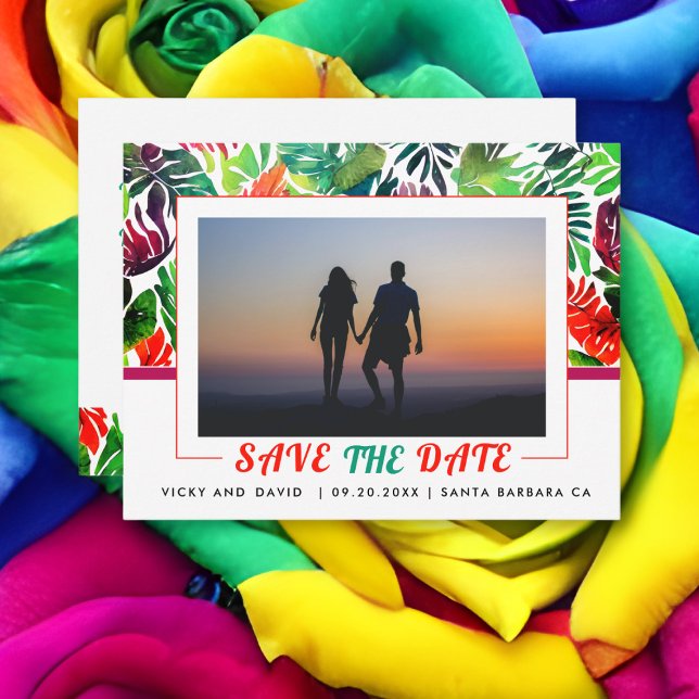 Maximalist tropical leaves frame Save the Date Postcard (Creator Uploaded)