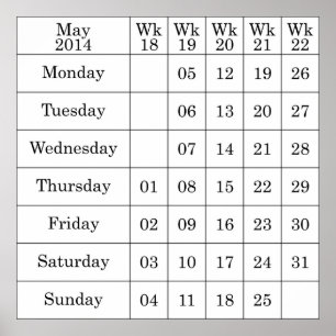 May 2014 Calendar numbered weeks Poster