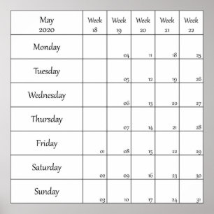 may 2020 planner calendar with week number poster
