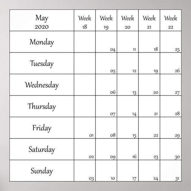 may 2020 planner calendar with week number poster (Front)