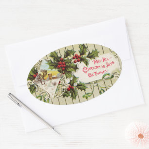 May All Christmas Joys Be Thine Holiday Oval Stick Sticker