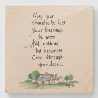 "May All Your Troubles be Less" House sketch Stone Coaster