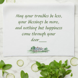 "May All Your Troubles be Less" House sketch  Tea Towel
