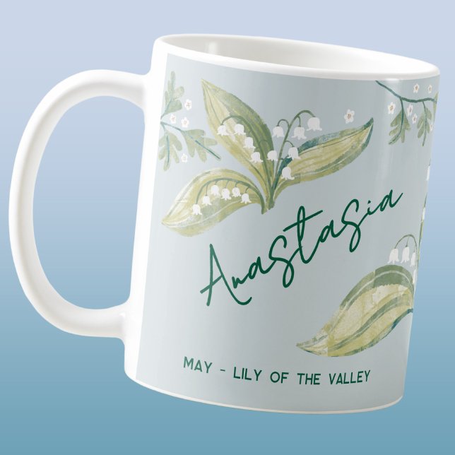 May Birth Flower Custom Name Lily of the Valley Coffee Mug (May birth month flower lily of the valley hawthorn personalized custom name coffee mug birthday gift)