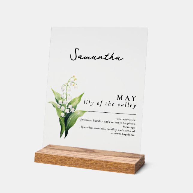 May Birth Month Flower Lily Personalised Acrylic Sign (Angle)