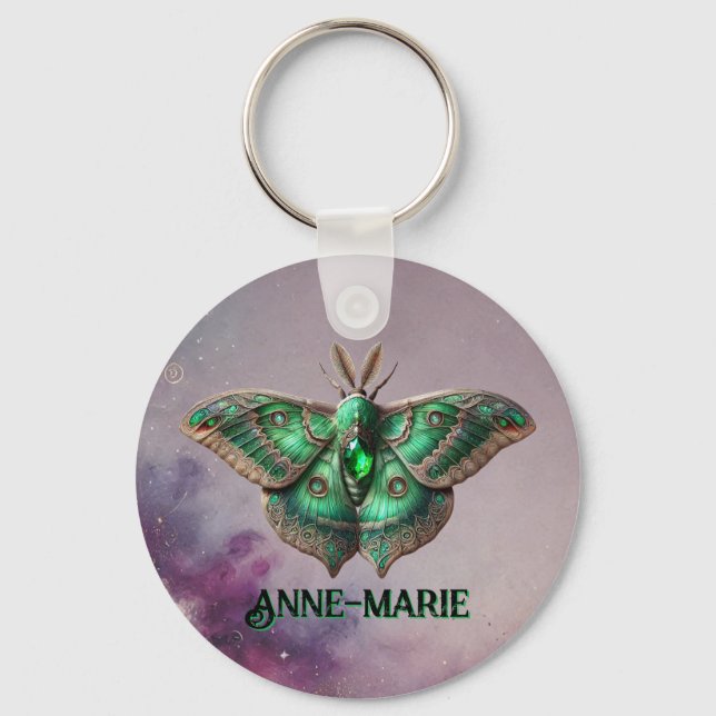May Birthstone Keychain - Emerald Moth Design (Front)