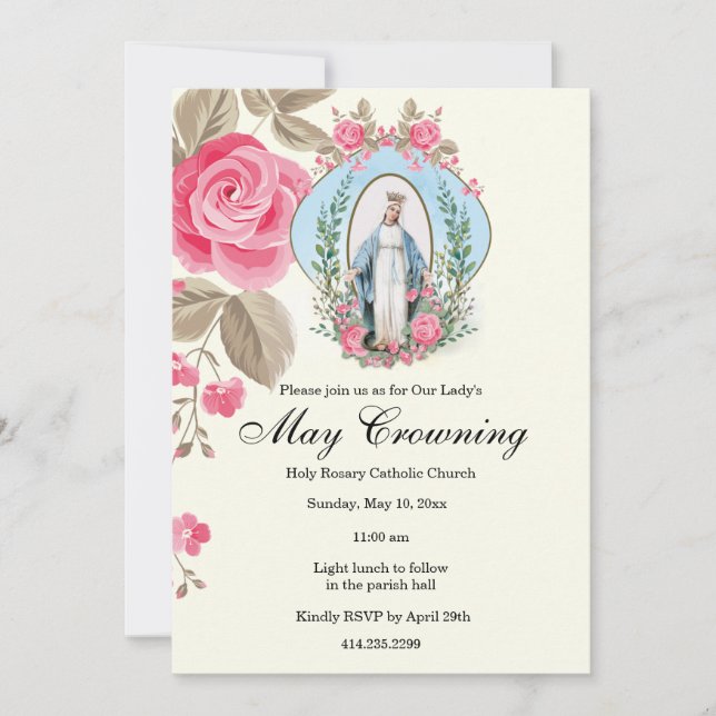 May Crowning Virgin Mary Scripture Pink Rose  Invitation (Front)