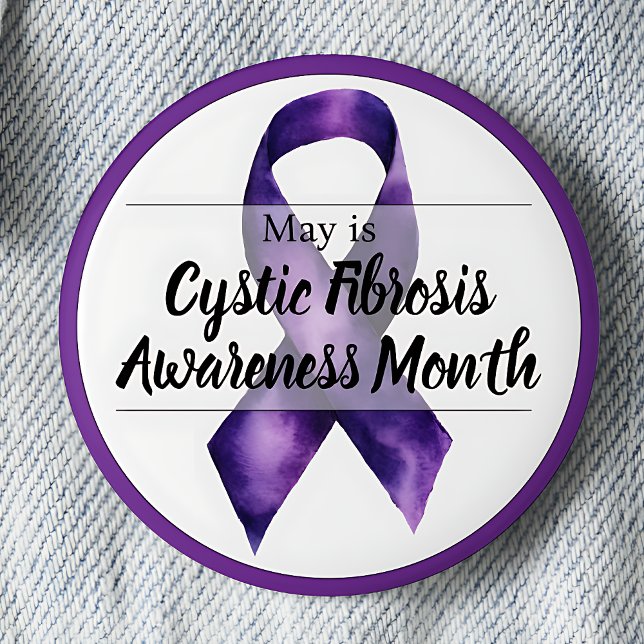 May Cystic Fibrosis Awareness Month 6 Cm Round Badge (Purple ribbon May Cystic Fibrosis Awareness Month pinback button.)