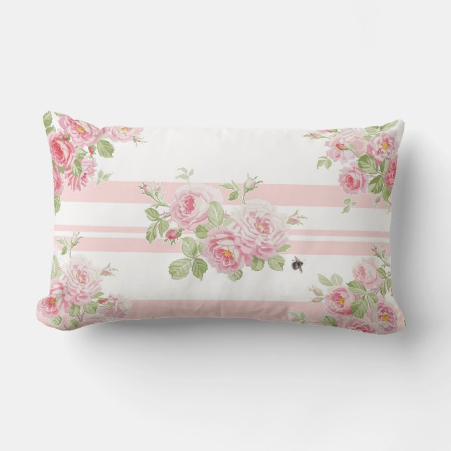 May Day Summer Roses peony stripe Lumbar Cushion (Front)
