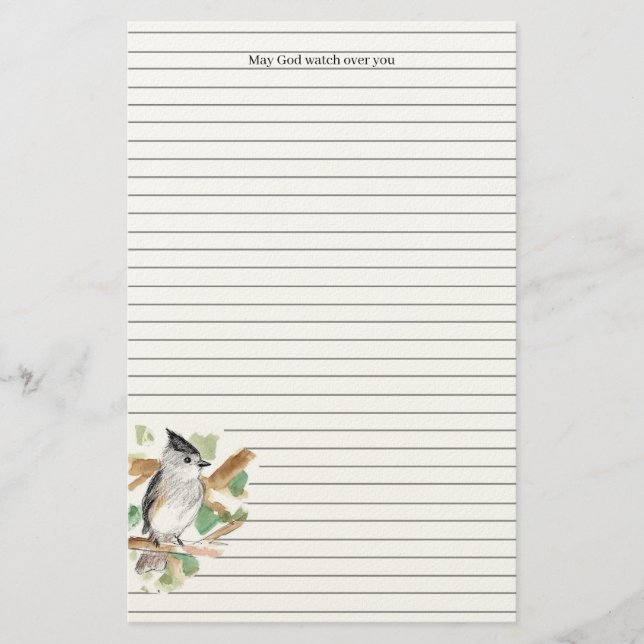 May God Watch Over You Titmouse Bird Lined Stationery (Front)
