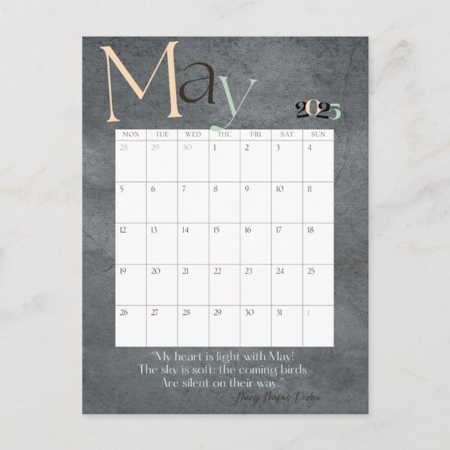 May Grey Modern Monthly Calendar 2025 Postcard (Front)