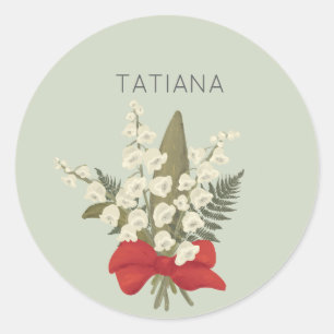 May Lily of the Valley Floral Bouquet Custom Name Classic Round Sticker