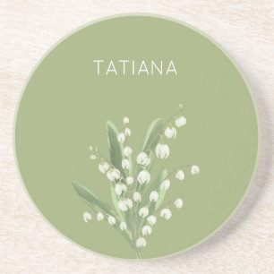 May Lily of the Valley Floral Bouquet Custom Name  Coaster
