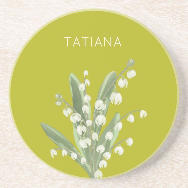 May Lily of the Valley Floral Bouquet Custom Name Coaster (Front)