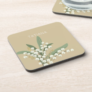 May Lily of the Valley Floral Bouquet Custom Name Coaster