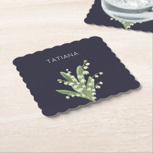 May Lily of the Valley Floral Bouquet Custom Name Paper Coaster