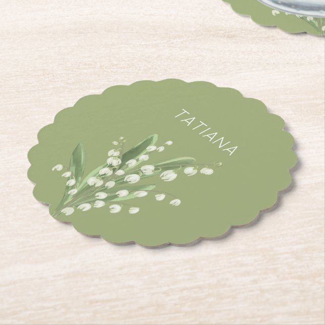 May Lily of the Valley Floral Bouquet Custom Name  Paper Coaster (Angled)