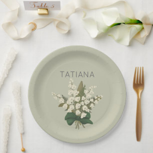 May Lily of the Valley Floral Bouquet Custom Name Paper Plate