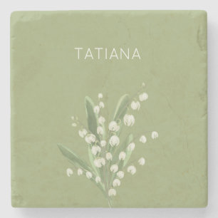 May Lily of the Valley Floral Bouquet Custom Name  Stone Coaster
