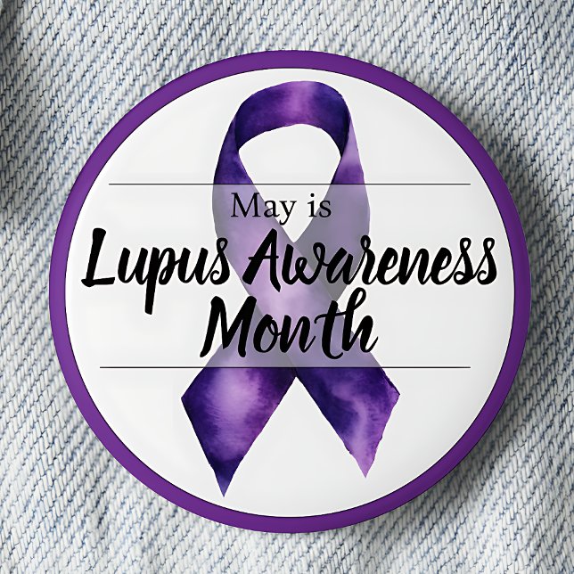 May Lupus Awareness Month 6 Cm Round Badge (Purple awareness ribbon May Lupus Awareness Month pinback button.)