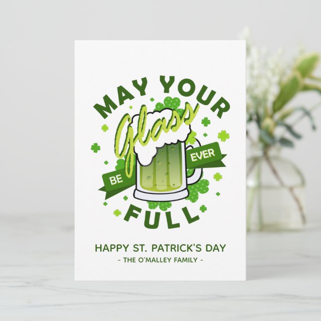 May Your Glass Be Full Green Beer Shamrock Irish Holiday Card (Standing Front)