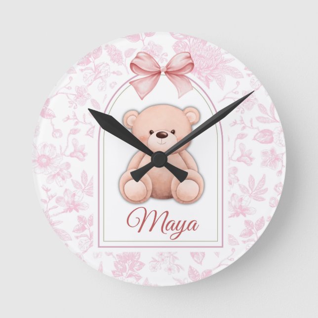 Maya | Custom Pink Teddy Bear Nursery Design  Round Clock (Front)