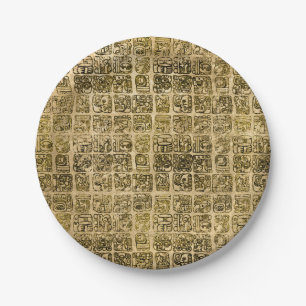 Mayan and aztec glyphs gold on vintage texture paper plate
