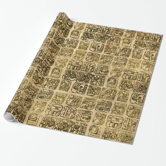 Mayan and aztec glyphs gold on vintage texture wrapping paper (Unrolled)